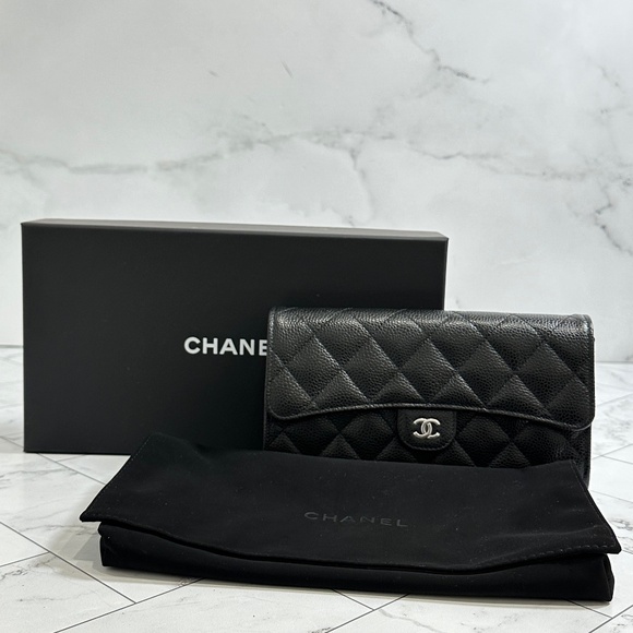 CHANEL Caviar Quilted Large Gusset Flap Wallet Black - Picture 1 of 15